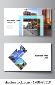 The minimalistic abstract vector illustration of the editable layout of two creative business cards design templates. Creative trendy style mockups, blue color trendy design backgrounds.