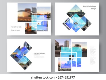The minimalistic abstract vector illustration of the editable layout of the presentation slides design business templates. Creative trendy style mockups, blue color trendy design backgrounds.