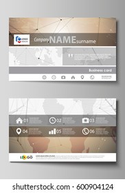 The minimalistic abstract vector illustration of the editable layout of two creative business cards design templates. Global network connections, technology background with world map.