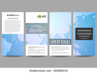 The minimalistic abstract vector illustration of editable layout of four modern vertical banners, flyers design business templates. World map on blue, geometric technology design, polygonal texture.