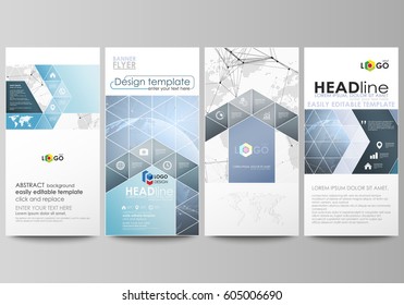 The minimalistic abstract vector illustration of the editable layout of four modern vertical banners, flyers design business templates. World globe on blue. Global network connections, lines and dots.