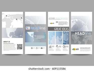 The minimalistic abstract vector illustration of the editable layout of four modern vertical banners, flyers design business templates. Technology concept. Molecule structure, connecting background