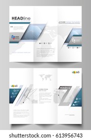 The minimalistic abstract vector illustration of the editable layout of two creative tri-fold brochure covers design business templates. World globe on blue. Global network connections, lines and dots