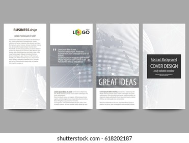 The minimalistic abstract vector illustration of editable layout of four modern vertical banners, flyers design business templates. Chemistry pattern. Molecule structure. Medical, science background