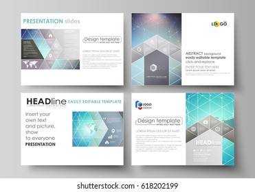 The minimalistic abstract vector illustration of the editable layout of the presentation slides design business templates. Molecule structure, connecting lines and dots. Technology concept