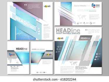 The minimalistic abstract vector illustration of the editable layout of modern social media post design templates in popular formats. Molecule structure. Science, technology concept. Polygonal design