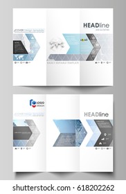 The minimalistic abstract vector illustration of the editable layout of two creative tri-fold brochure covers design business templates. Technology concept. Molecule structure, connecting background