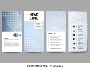 The minimalistic abstract vector illustration of the editable layout of four modern vertical banners, flyers design business templates. Abstract futuristic network shapes. High tech background