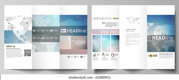 Minimalistic abstract vector illustration of editable layout of two creative tri-fold brochure covers design business templates. Polygonal geometric linear texture. Global network, dig data concept