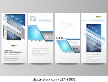 The minimalistic abstract vector illustration of the editable layout of four modern vertical banners, flyers design business templates. Abstract global design. Chemistry pattern, molecule structure.