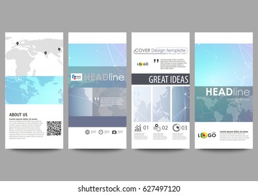 The minimalistic abstract vector illustration of editable layout of four modern vertical banners, flyers design business templates. Polygonal texture. Global connections, futuristic geometric concept