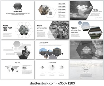 The minimalistic abstract vector illustration of editable layout of high definition presentation slides design business templates. Hexagonal style decoration for flyer, report, advertising, brochure.