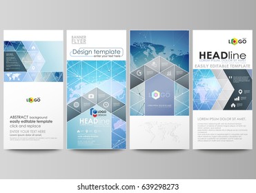 The minimalistic abstract vector illustration of editable layout of four modern vertical banners, flyers design business templates. World map on blue, geometric technology design, polygonal texture.