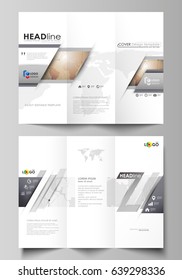The minimalistic abstract vector illustration of editable layout of two creative tri-fold brochure covers design business templates. Global network connections, technology background with world map.