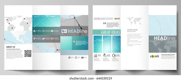 The minimalistic abstract vector illustration of the editable layout of two creative tri-fold brochure covers design business templates. Futuristic high tech background, dig data technology concept.