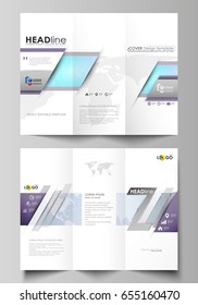 The minimalistic abstract vector illustration of editable layout of two creative tri-fold brochure covers design business templates. Polygonal texture. Global connections, futuristic geometric concept