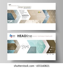 The minimalistic abstract vector illustration of the editable layout of high definition presentation slides design business templates. Chemistry pattern with molecule structure. Medical DNA research