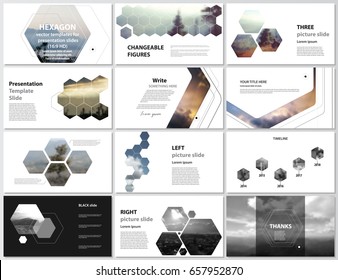 The minimalistic abstract vector illustration of editable layout of high definition presentation slides design business templates. Hexagonal style decoration for flyer, report, advertising, brochure