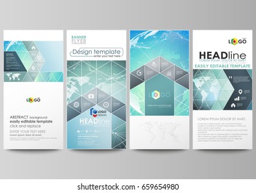 The minimalistic abstract vector illustration of editable layout of four modern vertical banners, flyers design business templates. Chemistry pattern, molecule structure, geometric design background.