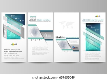 The minimalistic abstract vector illustration of editable layout of four modern vertical banners, flyers design business templates. Chemistry pattern. Molecule structure. Medical, science background.