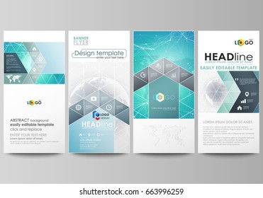 The minimalistic abstract vector illustration of editable layout of four modern vertical banners, flyers design business templates. Chemistry pattern. Molecule structure. Medical, science background.