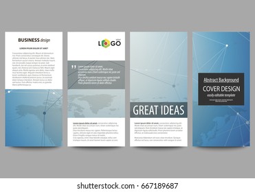 The minimalistic abstract vector illustration of the editable layout of four modern vertical banners, flyers design business templates. Chemistry pattern, connecting lines and dots. Medical concept