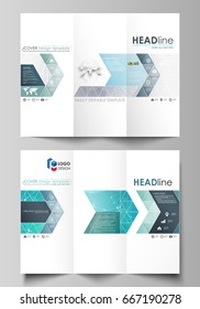 The minimalistic abstract vector illustration of editable layout of two creative tri-fold brochure covers design business templates. Chemistry pattern. Molecule structure. Medical, science background