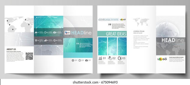 The minimalistic abstract vector illustration of editable layout of two creative tri-fold brochure covers design business templates. Chemistry pattern. Molecule structure. Medical, science background.