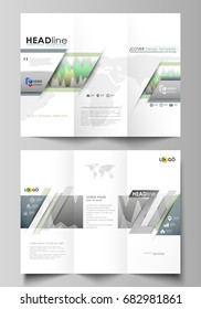 The minimalistic abstract vector illustration of the editable layout of two creative tri-fold brochure covers design business templates. Rows of colored diagram with peaks of different height.
