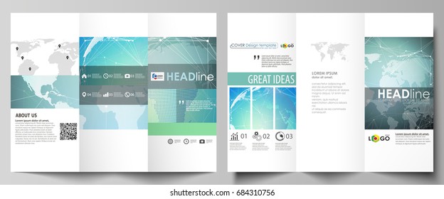 The minimalistic abstract vector illustration of editable layout of two creative tri-fold brochure covers design business templates. Chemistry pattern, molecule structure, geometric design background.