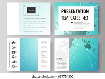 The minimalistic abstract vector illustration of the editable layout of the presentation slides design business templates. Molecule structure, connecting lines and dots. Technology concept