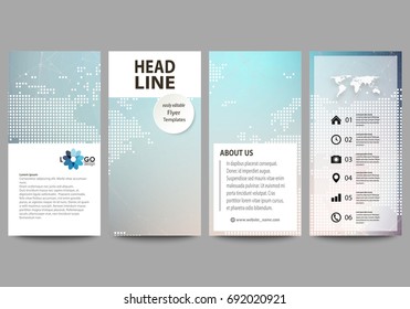 The minimalistic abstract vector illustration of editable layout of four modern vertical banners, flyers design business templates. Molecule structure. Science, technology concept. Polygonal design.