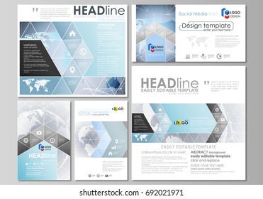 The minimalistic abstract vector illustration of the editable layout of modern social media post design templates in popular formats. Technology concept. Molecule structure, connecting background.