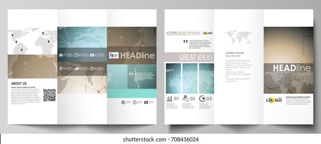 The minimalistic abstract vector illustration of the editable layout of two creative tri-fold brochure covers design business templates. Chemistry pattern with molecule structure. Medical DNA research