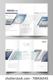 Minimalistic abstract vector illustration, editable layout of two creative tri-fold brochure covers design business templates. Polygonal geometric linear texture. Global network, dig data concept