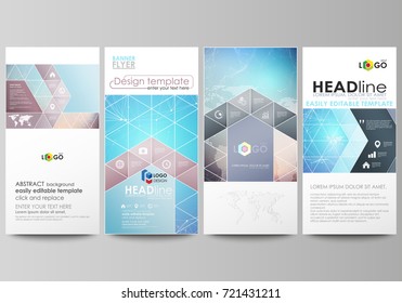 The minimalistic abstract vector illustration of editable layout of four modern vertical banners, flyers design business templates. Molecule structure. Science, technology concept. Polygonal design