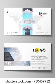 The minimalistic abstract vector illustration of the editable layout of two creative business cards design templates. Polygonal texture. Global connections, futuristic geometric concept