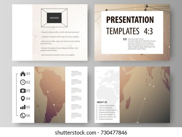 The minimalistic abstract vector illustration of the editable layout of the presentation slides design business templates. Global network connections, technology background with world map