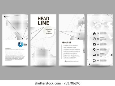 The minimalistic abstract vector illustration of the editable layout of four modern vertical banners, flyers design business templates. World globe on blue. Global network connections, lines and dots