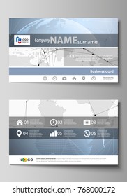 The minimalistic abstract vector illustration of the editable layout of two creative business cards design templates. World globe on blue. Global network connections, lines and dots