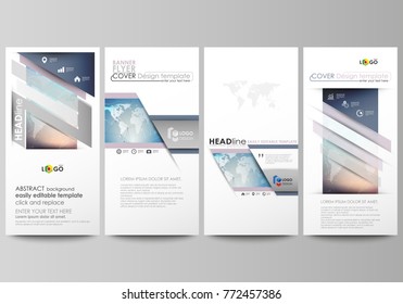 The minimalistic abstract vector illustration of editable layout of four modern vertical banners, flyers design business templates. Polygonal geometric linear texture. Global network, dig data concept