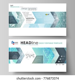 The minimalistic abstract vector illustration of editable layout of high definition presentation slides design business templates. Chemistry pattern, molecule structure, geometric design background.