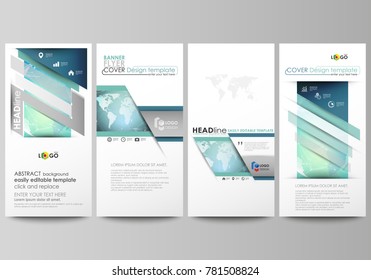 The minimalistic abstract vector illustration of editable layout of four modern vertical banners, flyers design business templates. Chemistry pattern, molecule structure, geometric design background.