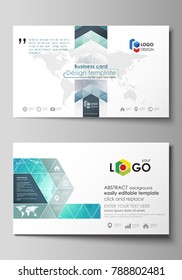 The minimalistic abstract vector illustration of the editable layout of two creative business cards design templates. Chemistry pattern. Molecule structure. Medical, science background.