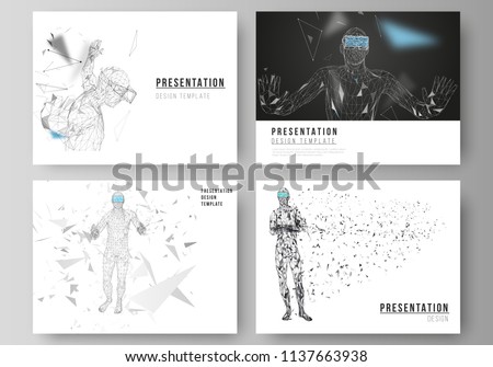 The minimalistic abstract vector illustration of the editable layout of the presentation slides design business templates. Man with glasses of virtual reality. Abstract vr, future technology concept.