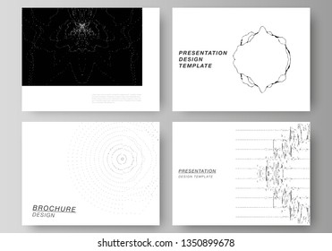 The minimalistic abstract vector illustration layout of the presentation slides design business templates. Trendy modern science or technology background with dynamic particles. Cyberspace grid.