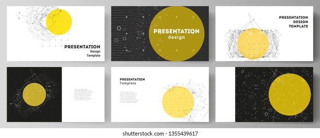 The minimalistic abstract vector illustration layout of the presentation slides design business templates. Science or technology 3d background with dynamic particles. Chemistry and science concept.