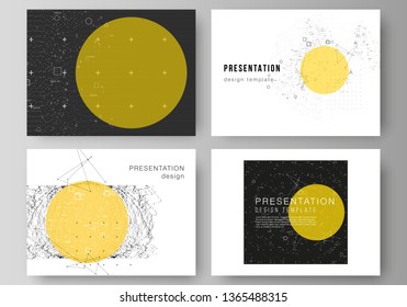 The minimalistic abstract vector illustration layout of the presentation slides design business templates. Science or technology 3d background with dynamic particles. Chemistry and science concept