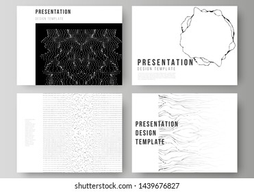 The minimalistic abstract vector illustration layout of the presentation slides design business templates. Trendy modern science or technology background with dynamic particles. Cyberspace grid.