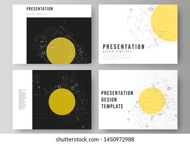 The minimalistic abstract vector illustration layout of the presentation slides design business templates. Science or technology 3d background with dynamic particles. Chemistry and science concept.